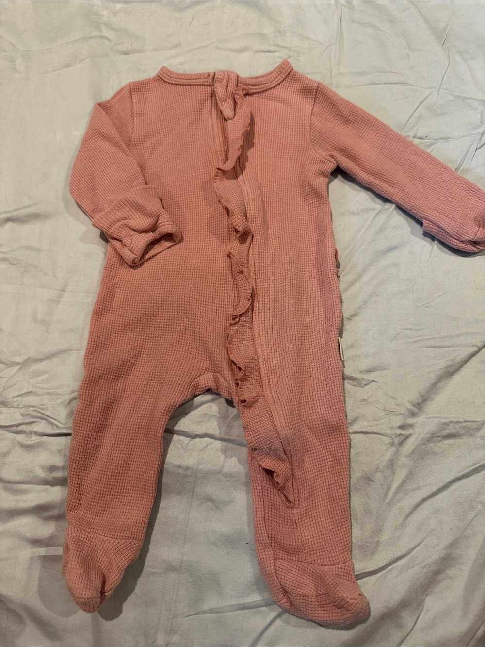 Rabbit + Bear Soft Pink Waffle-Knit Ruffle Front Footie One-Piece